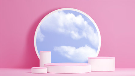 Cylinder product podium steps mockup with clouds on sky in round mirror on pastel pink studio room background. Realistic 3d vector display platform template. Minimal abstract scene with pedestal.のイラスト素材