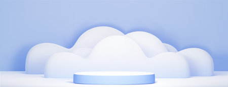 Blue cylinder product podium with abstract white cloud or smoke shape on pastel wall background. Realistic 3d vector of empty display platform mockup with dreamy fog. Minimal sky scene with stand.のイラスト素材