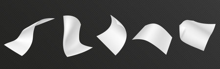 Flying paper sheet in different angles of view. Realistic 3d vector illustration set of curve white blank pages in air. Falling document or letter mockup. Empty curl note and leaflet chaotic float.のイラスト素材