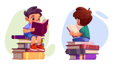 Boy child study book. Kid read in school library cartoon vector. Happy student character in kindergarten sit on literature pile. Isolated preschool young people in english class comic icon set.のイラスト素材