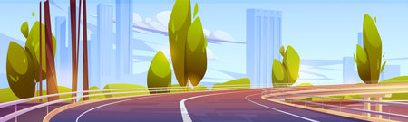 Curve bridge road lead to city with skyscrapers. Cartoon vector illustration of town landscape with multistorey buildings, highway and green trees on sunny summer day. Speed freeway construction.のイラスト素材