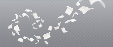 3d fly paper sheet. White page fall swirl on wind. Realistic blank document letter design with blur and chaotic wave creative mockup. Email or ideas on air falling overlay concept. Curl note flightのイラスト素材