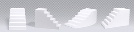White stair podium rectangular and circular on transparent background. Realistic 3d vector illustration set of different angles view on blank empty staircases. Steps up to stage or pedestal.のイラスト素材