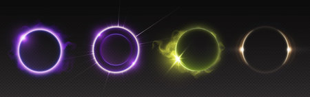 Halo light ring with neon flare glow effect vector. 3d abstract circular magic portal. Shine radial speed line design. Round space ball with spiral aura edge motion for nightclub party digital graphicのイラスト素材