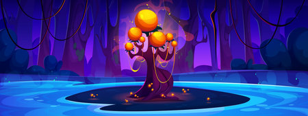 Dark night forest with lake and magic fantasy neon glowing yellow and orange tree and flowers on island. Cartoon vector illustration of fantastic enchanted garden with bizarre alien luminous plant.のイラスト素材