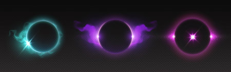 Set of halo neon light effects isolated on transparent background. Vector realistic illustration of turquoise, purple, pink rings glowing in darkness, round energy frame in cloud of mist with sparklesのイラスト素材