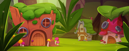 Fantasy fairy tale village and house in summer forest. Cute gnome mushroom cottage. Hobbit hut building in woodland country scene for kids magic story. Old medieval small dwarf home with windowのイラスト素材