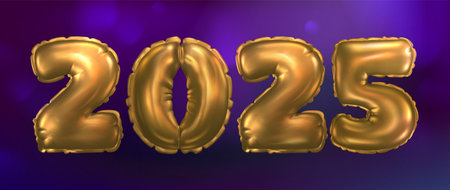 Golden inflatable helium balloon number 2025 on purple background for New Year and Christmas congratulation banner. Realistic 3d vector gold colored digits for. Metal foil bubble typography for event.のイラスト素材
