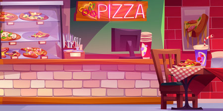 Pizza restaurant interior. Vector cartoon illustration of Italian pizzeria, fast food piece and drink in paper cup on wooden, table, glass display, cash desk counter, catering and delivery serviceのイラスト素材
