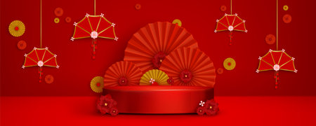 3d red chinese podium on lunar new year background. Gold stage for product display in festive studio render scene. Realistic asian banner with lantern and oriental decoration. Circle pedestal showcaseのイラスト素材