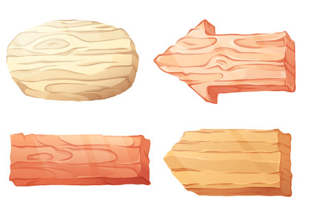 Wood sign board cartoon vector. Old wooden banner frame with timber texture. Game signboard piece isolated graphic for menu ui set. Oval label for farm or saloon png icon. Western blank badgeのイラスト素材