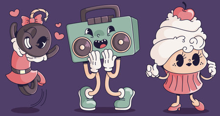 Retro cartoon characters collection of musical boombox, bomb and cupcake. Vector illustration vintage groovy mascot. Abstract funny personage of music stereo system, sweet dessert and cannonball.のイラスト素材