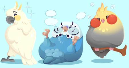 Cute parrot cartoon character. Vector illustration set of bright colorful tropical bird standing with back, lying down and sitting on branch. Funny jungle animal with beak and wings. Comic birdie.のイラスト素材