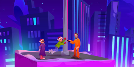 Two kids girl and boy in Santa hats and male escaped prisoner in orange uniform on roof of skyscraper in night city with neon glow. Cartoon vector illustration of danger scene with child and criminal.のイラスト素材