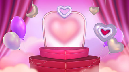 Heart shaped two steps stairs red product podium with arch, floating love symbols and balloons on pink background with curtain. Realistic 3d vector Valentine day bg with goods display platform.のイラスト素材