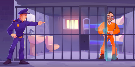 Policeman points at prisoner breaking out of jail. Vector cartoon illustration of police officer in uniform, male inmate in orange jumpsuit pouring toxic chemical substance on iron bars in cellのイラスト素材