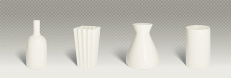 3D set of ceramic vases isolated on transparent background. Vector realistic illustration of white clay bottle, plastic cylinder urn, pottery jar with shadows, home interior design elements collectionのイラスト素材