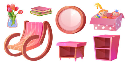 Living or bed room interior pink furniture and decorative elements. Cartoon vector set of girlish home inside elements - rocking chair and mirror, cabinet and books, toys in box and flowers in vase.のイラスト素材