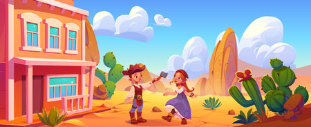 Kids dancing in wild west town. Vector cartoon illustration of western saloon building entrance, children in costumes standing in street, sandy desert background with exotic cacti, clouds in sunny skyのイラスト素材