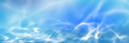 Water caustic light effect with overlay effect. Realistic vector illustration of blue background with swimming pool or sea deep with sun shadow and refraction. Ocean underwater or surface bg.のイラスト素材