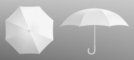 White 3d isolated blank umbrella mockup vector. Realistic parasol with handle mock up for branding and advertising set. Rain weather season fashion. Various waterproof open object front and top viewのイラスト素材