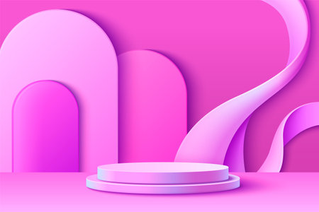 Bright pink hologram product podium with abstract arch and wave decorative elements on wall of studio room. Realistic 3d vector cylinder showcase platform with holographic iridescent gradient color.のイラスト素材