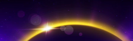 Orange planet light sun eclipse in space horizon background. Sunrise glow abstract bg. Galaxy world...