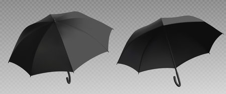 Black umbrella mockup. Realistic isolated open parasol view template for branding. Mock up design for rain weather protection object. Outdoor accessory advertising or presentation for autumn seasonのイラスト素材