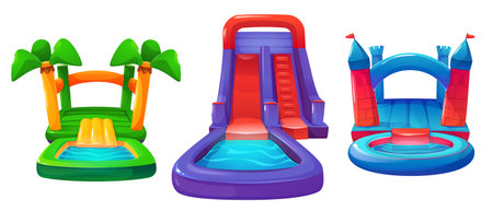 Inflatable aquapark children water slide in shape of castle with tower, beach with palm trees with swimming pool. Cartoon vector set of bouncy amusement waterpark trampoline for kid play activity.のイラスト素材