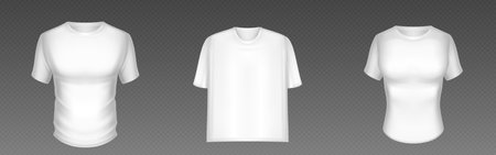 White male and female tshirt mockup. Realistic 3d vector illustration set of blank t-shirt template on model and flat. Front view on apparel with short sleeves and round neck. Cotton clothing.のイラスト素材