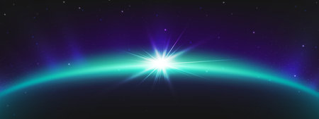 Abstract planet horizon blue crescent glow with bright sparkle and rays on dark starry sky background. Realistic vector illustration of sunrise or set view from outer space. Dawn or dusk in cosmos.のイラスト素材