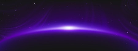 Dark planet with bright light on horizon. Vector realistic illustration of mysterious space galaxy...