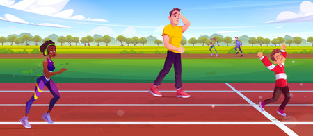 Active people running on stadium. Vector cartoon illustration of slim african woman jogging, father looking at happy son exercising outdoors, athletes training on sunny summer day, healthy lifestyleのイラスト素材