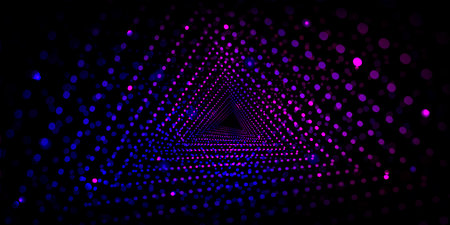 Neon glow dots in form of triangular tunnel of blue and purple gradient color on black background....