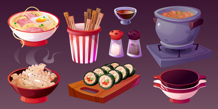 Korean food for cafe and restaurant menu. Cartoon vector illustration set of traditional Asian meals - soup and gimbap, mandoo and noodle with meat and egg, spices and chopsticks. Korea cuisine.のイラスト素材