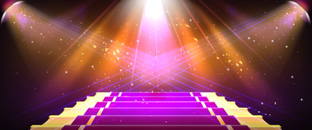 Concert stage stairs with spotlights and confetti. Vector realistic illustration of vip path to award ceremony decorated with purple carpet, bright illumination, shimmering particles flying in airのイラスト素材