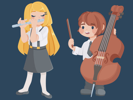 Kids musicians for school band or music classroom. Cartoon vector set of children with instruments - little girl playing flute and boy with contrabass or cello. Cute festival orchestra performers.のイラスト素材