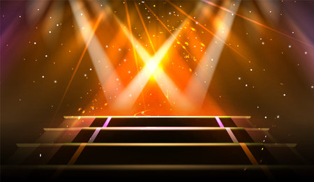 Gold light show stage. Abstract spotlight podium. Golden concert or winner ceremony studio with glitter and platform. Shiny bright night club event 3d stairs pedestal bg design. Sparkle flare sceneのイラスト素材