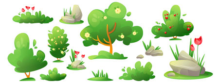 Summer or spring landscape creation nature elements. Cartoon vector set of green trees and bushes, grass and flowers, stones for garden or park. Forest and yard plants. Greenery scene decoration.のイラスト素材