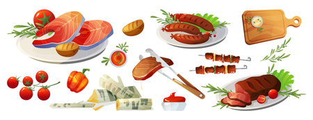 Bbq meat and fish collection. Cartoon vector illustration set of food for outdoor grill cooking - steak and sausage, vegetables and sauces, food on skewer and firewood. Barbeque picnic meal.のイラスト素材
