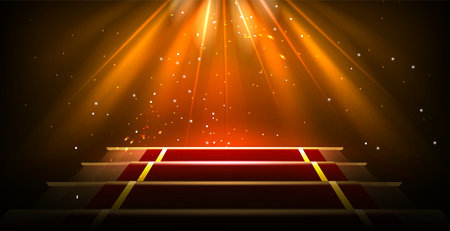 Stage podium with red carpet on stairs, golden spotlight and sparkles on dark background. 3d vector theatre show and award ceremony concept. Staircase pedestal for presentation and goods promotion.のイラスト素材