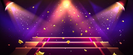 Gold light show stage. Abstract spotlight podium. Purple concert, winner ceremony studio with golden glitter, platform. Shiny bright night club event 3d stairs pedestal bg design. Sparkle flare sceneのイラスト素材