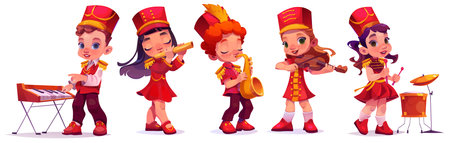 March parade music kid character band cartoon. Drum, trumpet, trombone and sax instrument for playing military children orchestra isolated set. Smiling happy boy and girl in red uniform and bootsのイラスト素材
