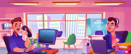 People on workplace. Office interior with desk cartoon design. Computer desk indoor building. Corporate cabinet graphic for employee character. Man with laptop and phone at workstation illustrationのイラスト素材