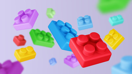 Plastic toy bricks block background. Realistic 3d vector illustration of flying kid game build puzzle boxes. Child shop or activity bg with floating geometric shape pieces for fun and education.のイラスト素材