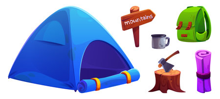 Equipment for camping and hiking - camp tent and tourist backpack, mat and metal mug, axe on tree stump, wooden signboard. Cartoon vector illustration set of outdoor adventure and expedition tools.のイラスト素材