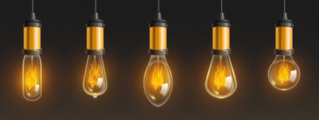 Vintage light bulbs set isolated on transparent background. Vector realistic illustration of different shape glass lamps with filament inside hanging on black wire, warm led light for interior designのイラスト素材