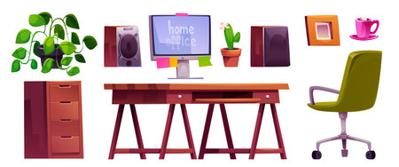 Home office furniture set isolated on white background. Vector cartoon illustration of wooden drawer, desk, desktop computer and loudspeakers, armchair, cactus, tea cup, photo frame, design elementsのイラスト素材