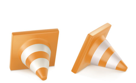 Road construction cone standing and lying. Realistic 3d vector illustration set of orange traffic safety barrier sign with white stripes for highway works warning signal. Repair caution equipment.のイラスト素材