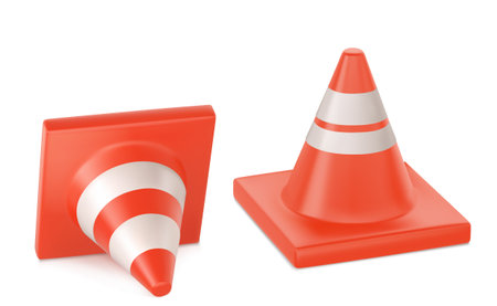 Road construction cone standing and lying. Realistic 3d vector illustration set of orange traffic safety barrier sign with white stripes for highway works warning signal. Repair caution equipment.のイラスト素材